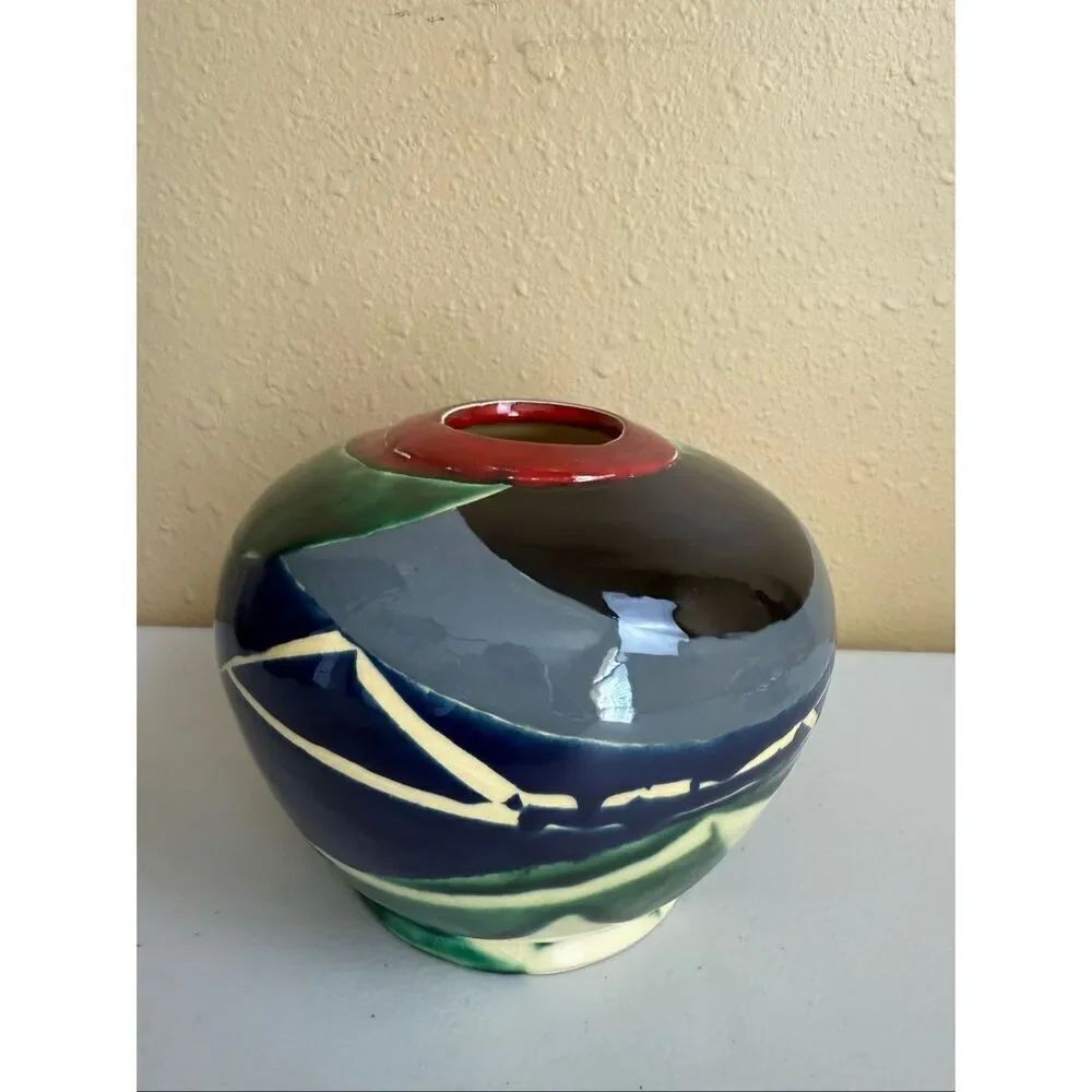 “Handmade Ceramic Vase, Abstract Glaze Design, Signed KLER